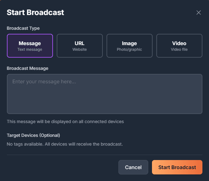 Broadcast button on dashboard