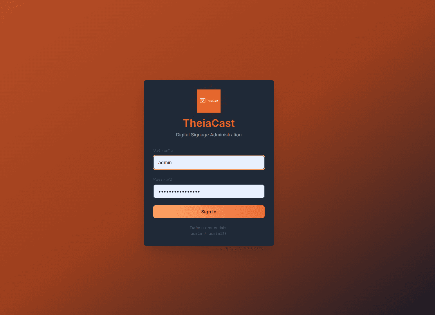 TheiaCast Login Screen