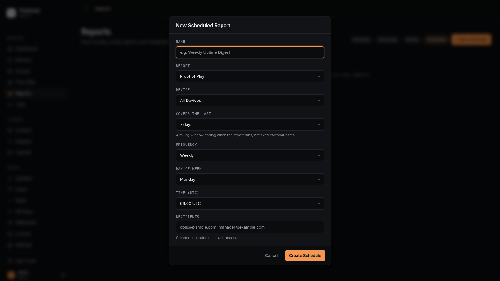 New Scheduled Report form with report type, device, window, frequency, time, and recipients fields